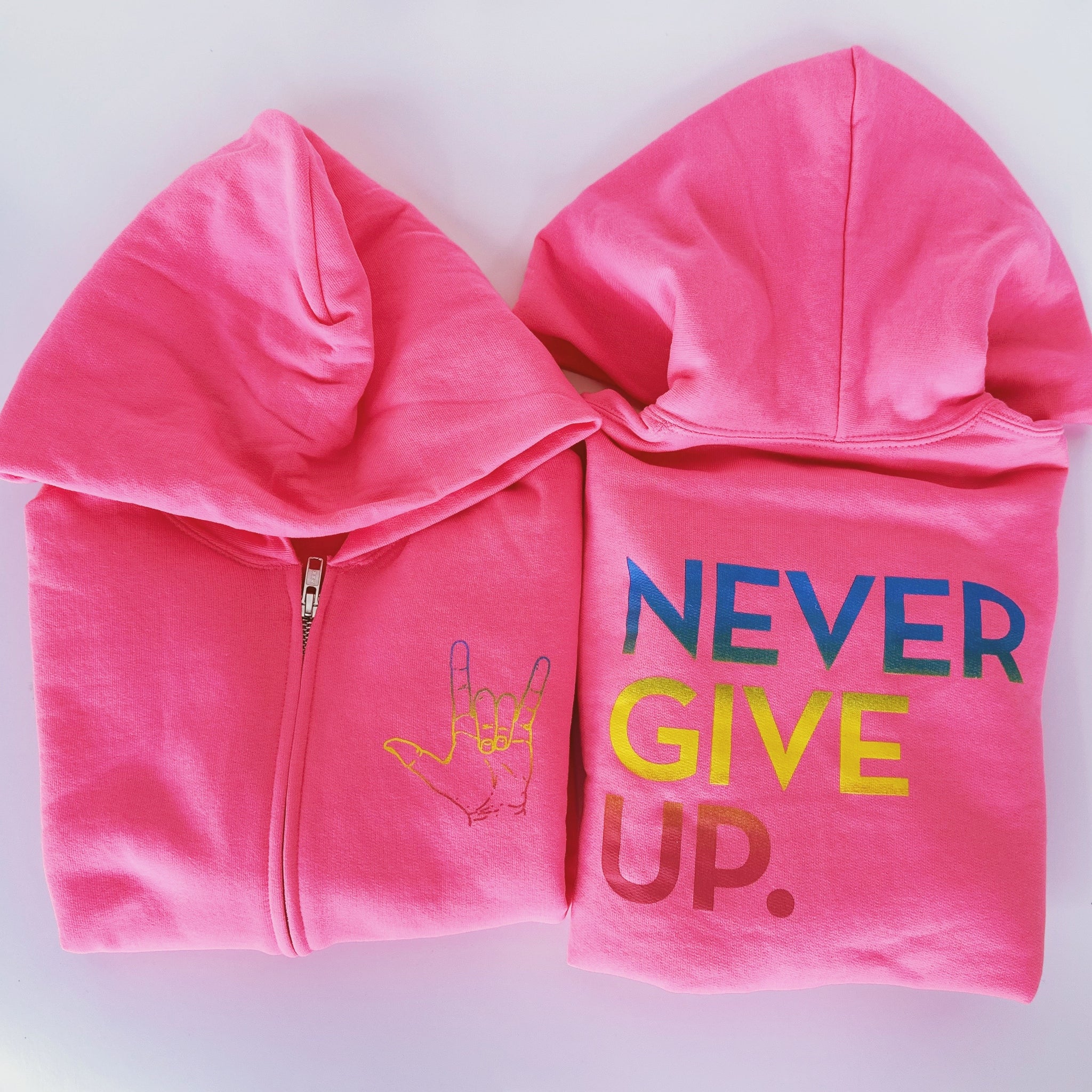 NEON PINK ILY LOVE AMERICAN SIGN LANGUAGE ZIP HOODIE