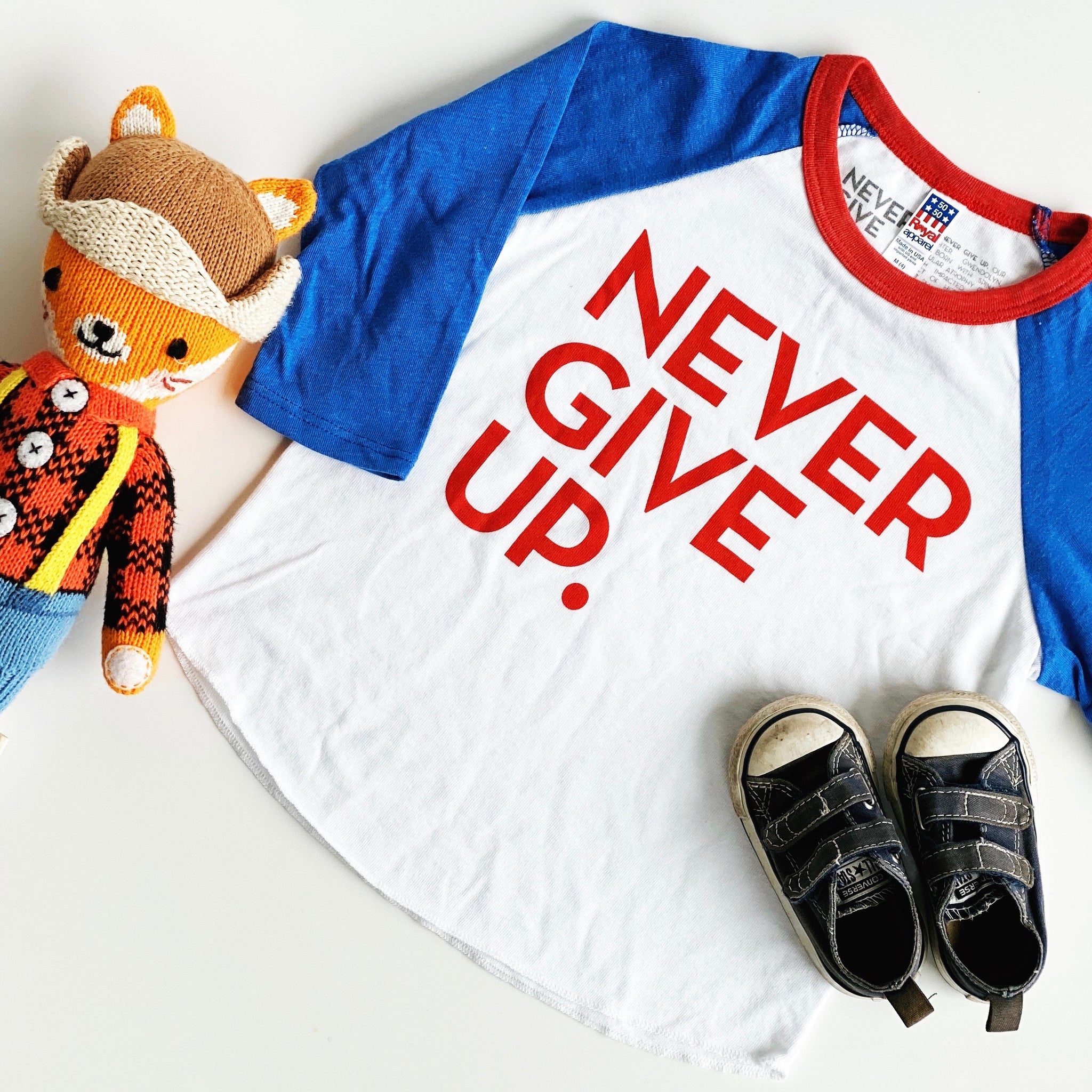 KIDS RED, WHITE & BLUE NEVER GIVE UP.